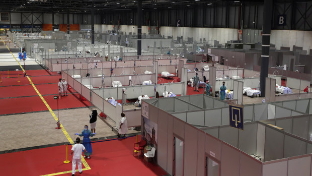 A temporary hospital set up at an exhibition centre in Madrid, Spain.