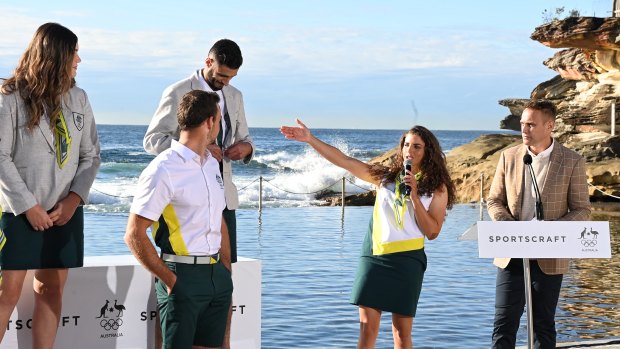 Jess Fox speaks at the Australia’s Olympic Committee’s uniform launch. 
