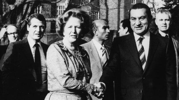 February, 3, 1982: British Prime Minister Margaret Thatcher with Hosni Mubarak outside her home at Chequers, England.