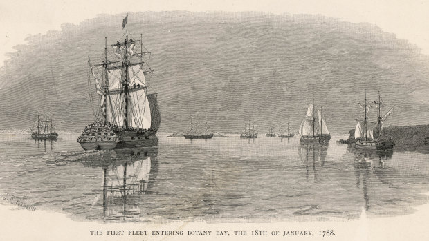 The First Fleet enters Botany Bay in 1788.