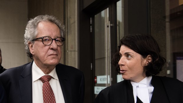 Sue Chrysanthou, SC, with actor Geoffrey Rush during his Federal Court defamation case last year.