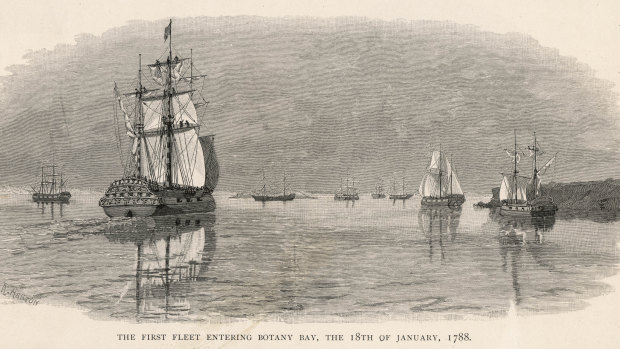 The first fleet enters Botany Bay, 18 January 1788 .