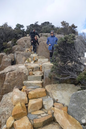 Descending from ‘The Blade’ (262 metres above sea level) on the Three Capes Walk. Much of the construction used Tasmanian know-how.