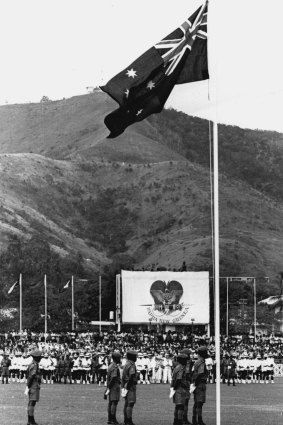 The Australian flag-lowering ceremony in PNG. 