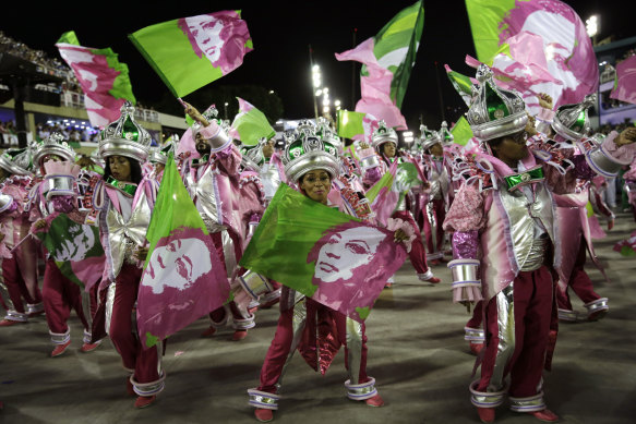 Performers celebrate slain councilwoman Marielle Franco during the Mangueira samba school Carnival performance in Rio de Janeiro this year. Mangueira went on to win the competition with the tribute.  