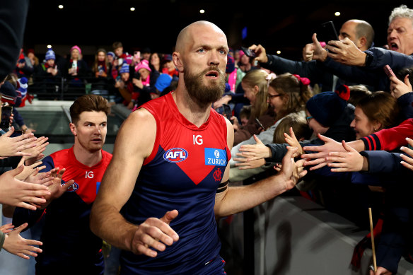 Max Gawn of the Demons leads his team out.