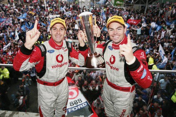 Craig Lowndes and Jamie Whincup celebrate their 2007 Bathurst win.