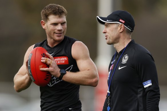 Taylor Adams and Craig McRae pictured at Collingwood training before the preliminary final.