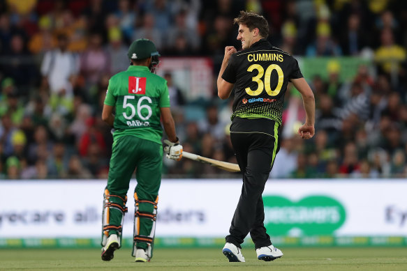 Pat Cummins, right, celebrates taking the wicket during game two of the Twenty20 series against Pakistan in November. 
