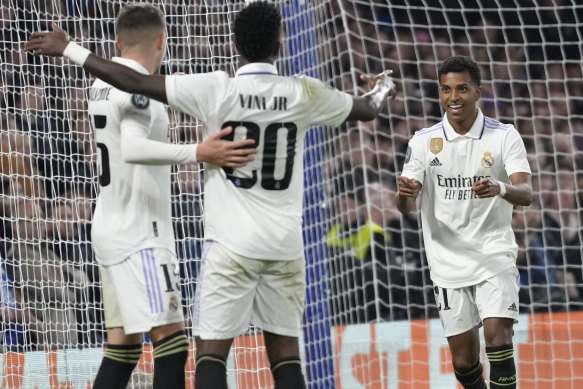Rodrygo (right) celebrates the second goal of his double against Chelsea.
