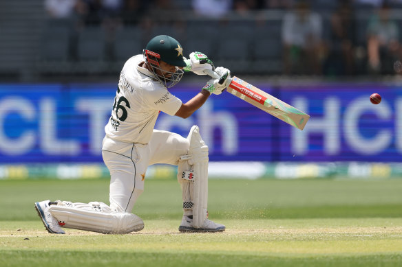 Babar Azam of Pakistan plays a shot during day three of the third Test in Perth.