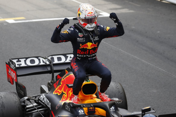 Red Bull’s Max Verstappen celebrates after winning the Monaco Grand Prix on Sunday.