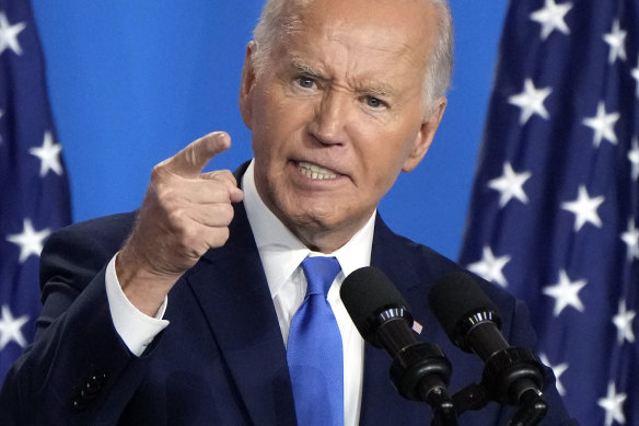 Biden in one of the more animated moments of his hour-long press conference.