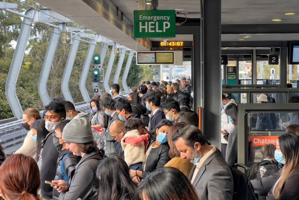 Crowded commuters waiting for a train at Chatswood station on Tuesday morning.