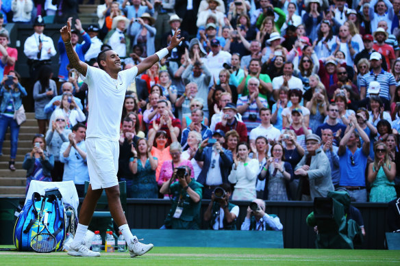 A 19-year-old Nick Kyrgios celebrates match point against Rafael Nadal at Wimbledon 2014.