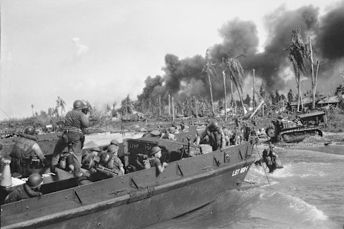 Australian troops hit the shore at Balikpapan on the south-east coast of Borneo.