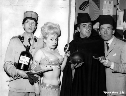 Still from the film 'Carry On Spying' with (L-R)  Charles Hawtrey, Barbara Windsor, Bernard Cribbins and Kenneth Williams, 1965.
