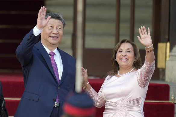 Peru’s President Dina Boluarte and Chinese President Xi Jinping during a welcome ceremony at the government palace in Lima, Peru, on Thursday.