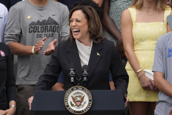 Vice President Kamala Harris speaks from the South Lawn of the White House in Washington, Monday, July 22, 2024. 