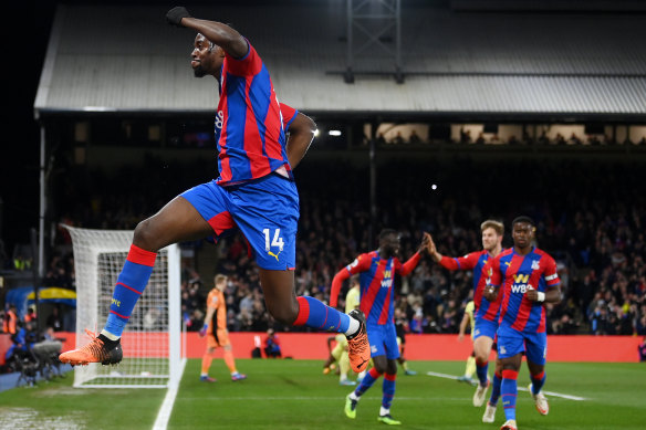 Palace’s Jean-Philippe Mateta celebrates at Selhurst Park.