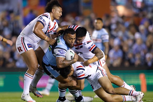 Sharks prop Addin Fonua-Blake takes on the Roosters last Saturday.