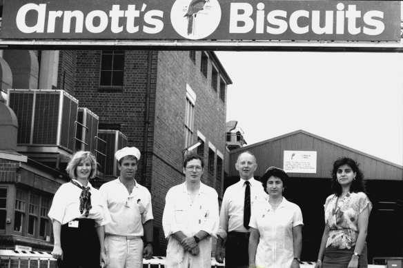 A notable employer... Workers at Arnott's factory in Homebush on January 28, 1993.