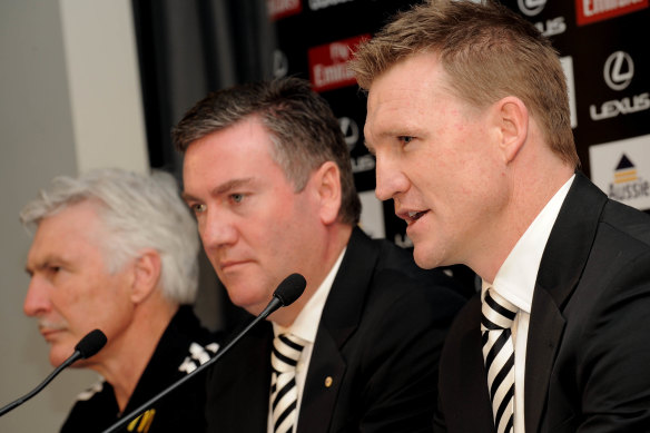Eddie McGuire with Nathan Buckley in 2009. McGuire orchestrated the succession plan from Mick Malthouse (far left) to Buckley.