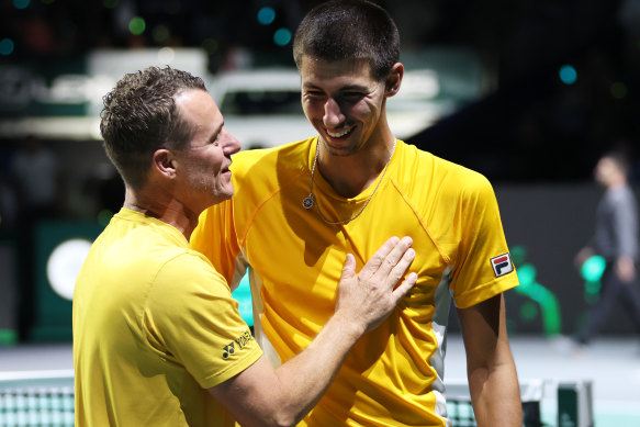 Congratulating Alexei Popyrin after his win against Finland’s Otto Virtanen, a victory that put Australia 
into the Davis Cup final for the second successive year.