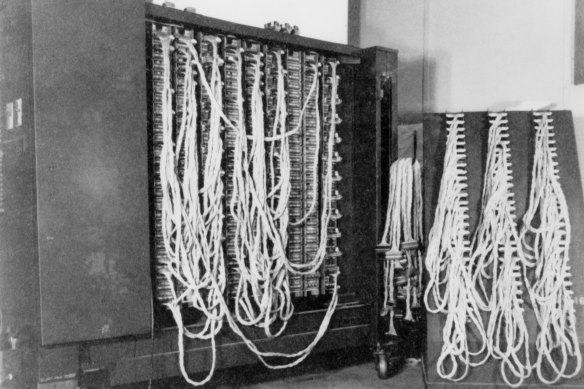 The rear plugging of the Bombe decoding machine in hut 11a at Bletchley Park, Buckinghamshire, the British forces’ intelligence centre during World War II. 