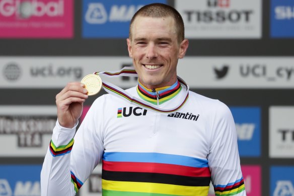 Australian Rohan Dennis enjoys the spoils of victory in the individual world time trial.