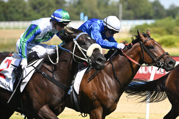Jamie Melham, left, finishes third and her husband Ben finishes second in the Futurity Stakes.