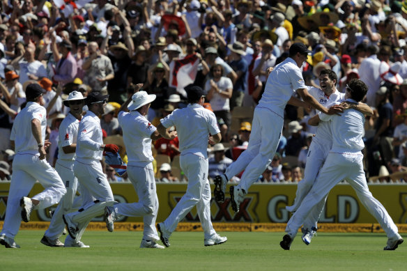 Jimmy Anderson and his England teammates celebrated hard ofter he dismissed Ricky Ponting in Adelaide in 2010.