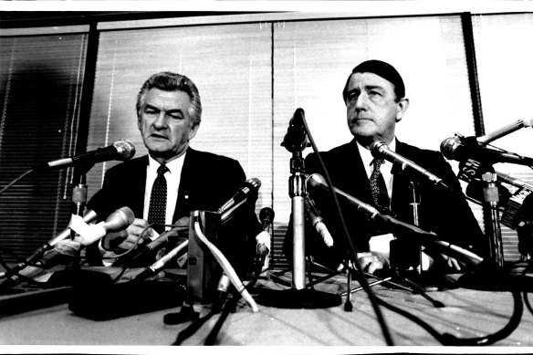 Press conference at the Regent Hotel, pertaining to the bombing of Judge Ray Watson, given by Prime Minister Bob Hawke and NSW Premier, Neville Wran. July 4, 1984.
