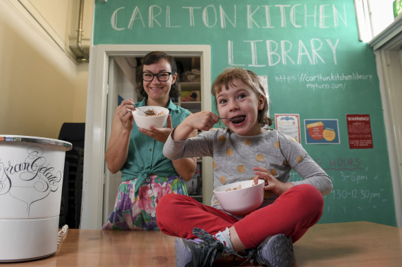 Cassandra Hogan and her five-year-old daughter Trixie enjoy the fruits of their labour: home-made ice cream