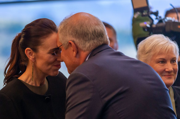 Australia’s Prime Minister Scott Morrison and New Zealand PM Jacinda Ardern greet each other in the traditional Maori greeting ahead of the annual Australia-New Zealand leaders’ meeting in Queenstown. 