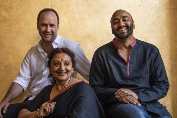 Belvoir artistic director Eamon Flack with collaborator Shakthi and Lingalayam dance director Anandavalli (centre).