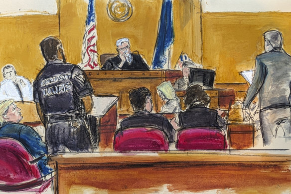 Donald Trump (far left) watches as jury foreperson #1 delivers guilty verdicts with Judge Juan Merchan listening on the bench in Manhattan Criminal Court on Thursday.