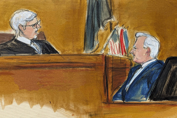 A court sketch showing Judge Juan Merchan (left) castigating witness Robert Costello.