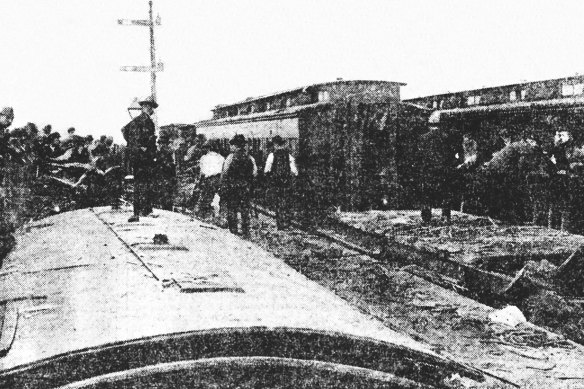 The first photograph ever published in The Age shows the collision between the two train at Braybrook.