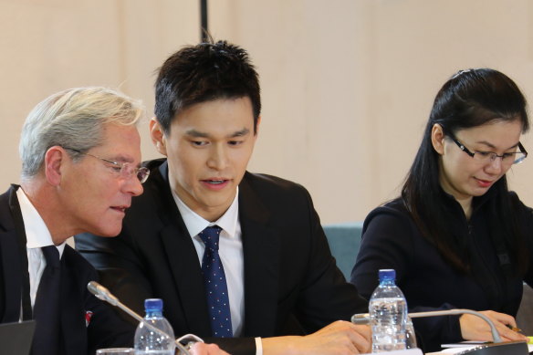 Sun Yang with his legal team at the CAS hearing. 