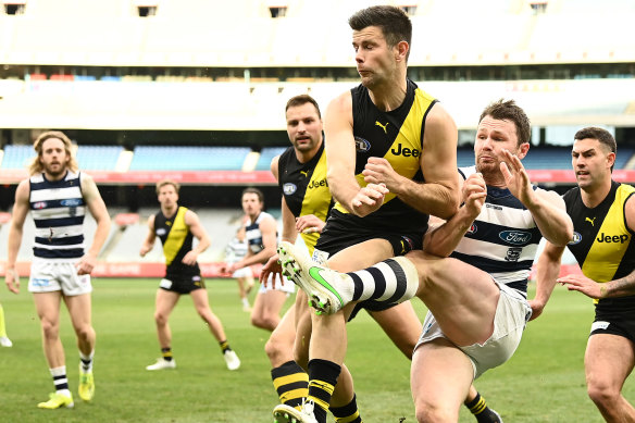 Richmond’s Trent Cotchin in the thick of things.