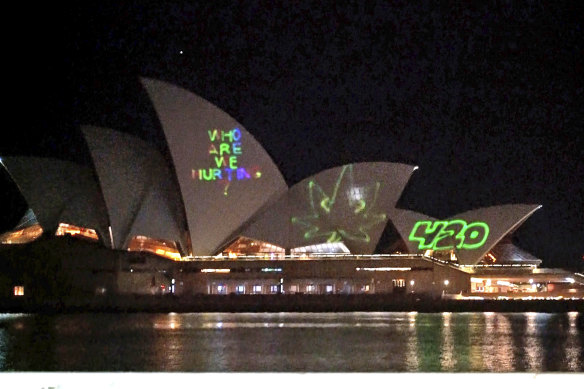 Pro-marijuana messages were projected onto the Opera House.
