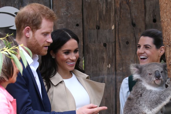 The Duke and Duchess of Sussex getting up close with the native fauna during their tour of Australia.