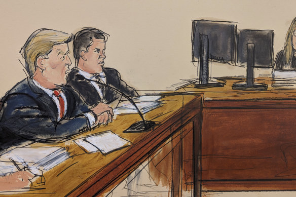 Former President Donald Trump, far left, pleads not guilty as the Clerk of the Court reads the charges in a court drawing.
