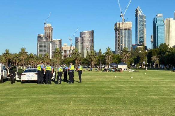 Protesters camping at Langley Park in Perth.