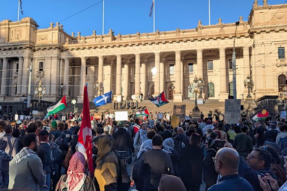 The crowd of protesters outside Victorian Parliament.