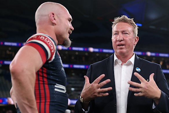 Tough taskmaster: Trent Robinson has been a constant in Angus Crichton’s Roosters career.