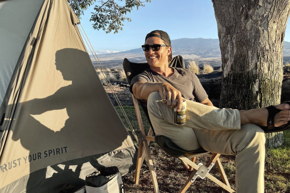 “[Being outdoors] gives our minds and our spirits room to let one memory catch up,” says Matthew McConaughey, pictured with the tent he’s co-designed with Melbourne-based camping company Homecamp.