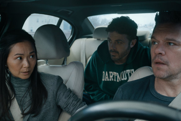 Hong Chau, Casey Affleck and Matt Damon get moving in the getaway car in The Instigators. 