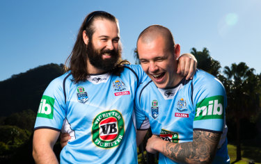 Besties: Aaron Woods and David Klemmer ham it up during Origin camp in 2016.